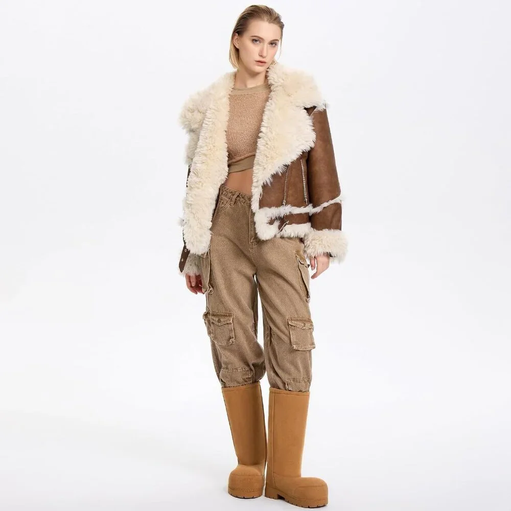 Faux Suede Platform Fuzzy Snow Round Toe Hippy Boots Slip On Knee High Brown